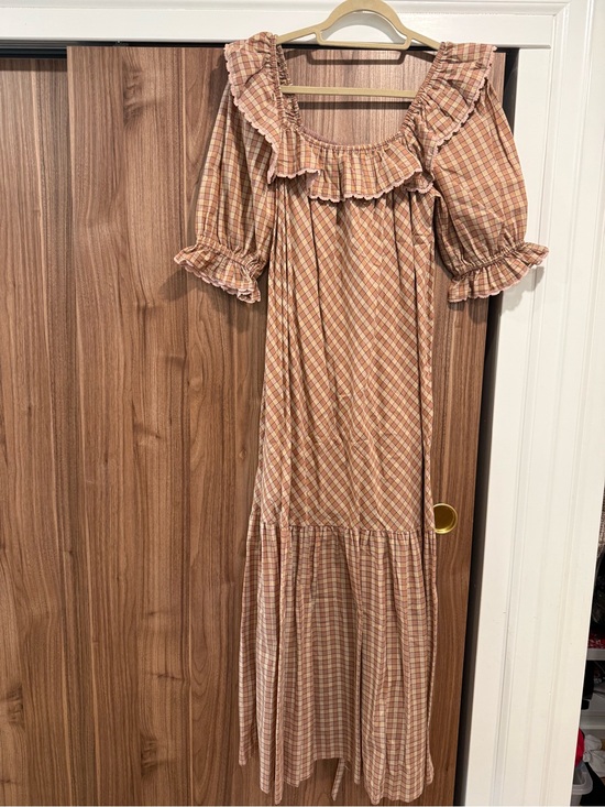 Christy Dawn Dresses & Skirts - Christy Dawn Peach Plaid Maxi Dress with Ruffle Neck M